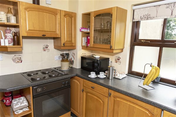 kitchen with electric cooker  and microwave at Llwyn Beuno -llynholidays.wales